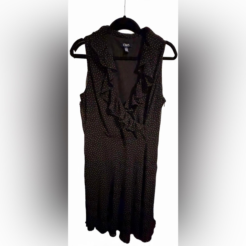 Chaps Women's Black Polka Dot Faux Wrap Ruffle Neck Sleeveless Midi Dress